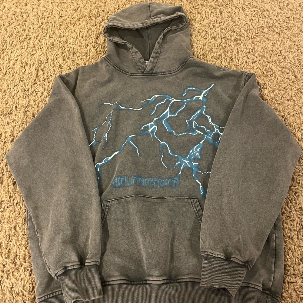 Aelfric Eden Gray Hoodie with Blue Lightning Graphic
